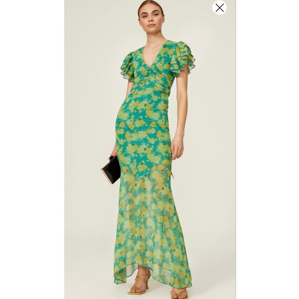 DE LA VALI Green Yellow Floral Empire Waist Palmera Maxi Gown size US 4